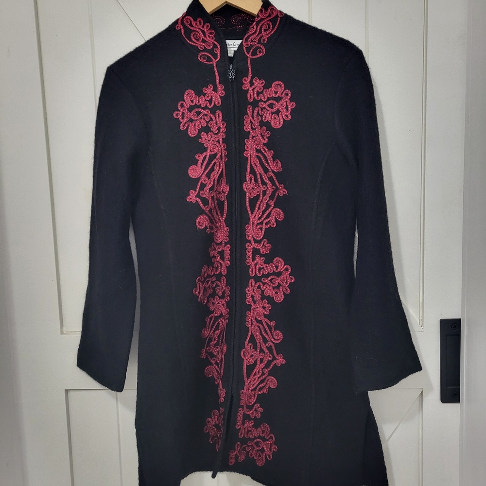 Coldwater‎ Creek 100% Wool Long Knit Sweater Cardigan Women's S Embroidery